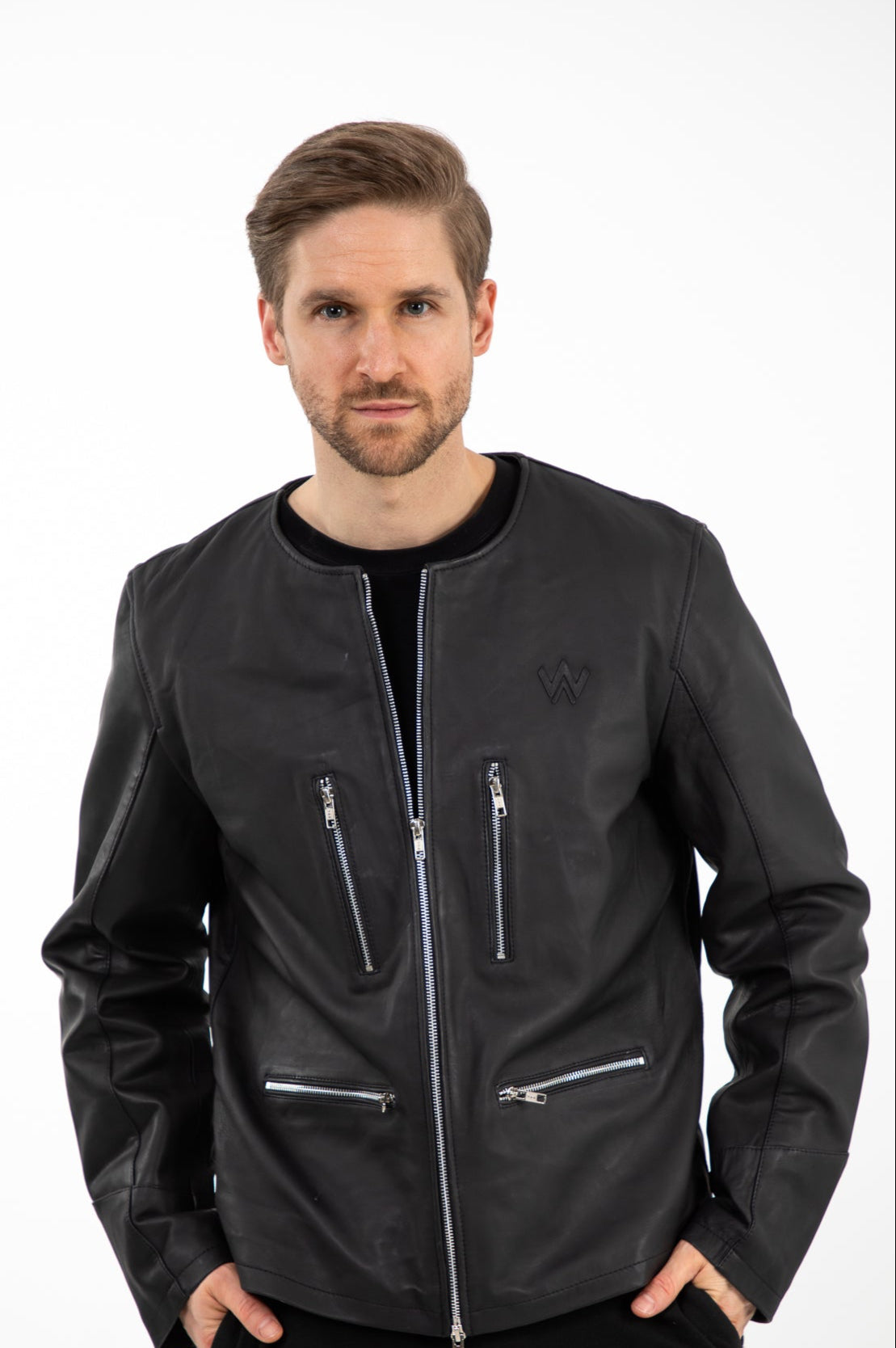 Men’s Collarless Black Leather Jacket