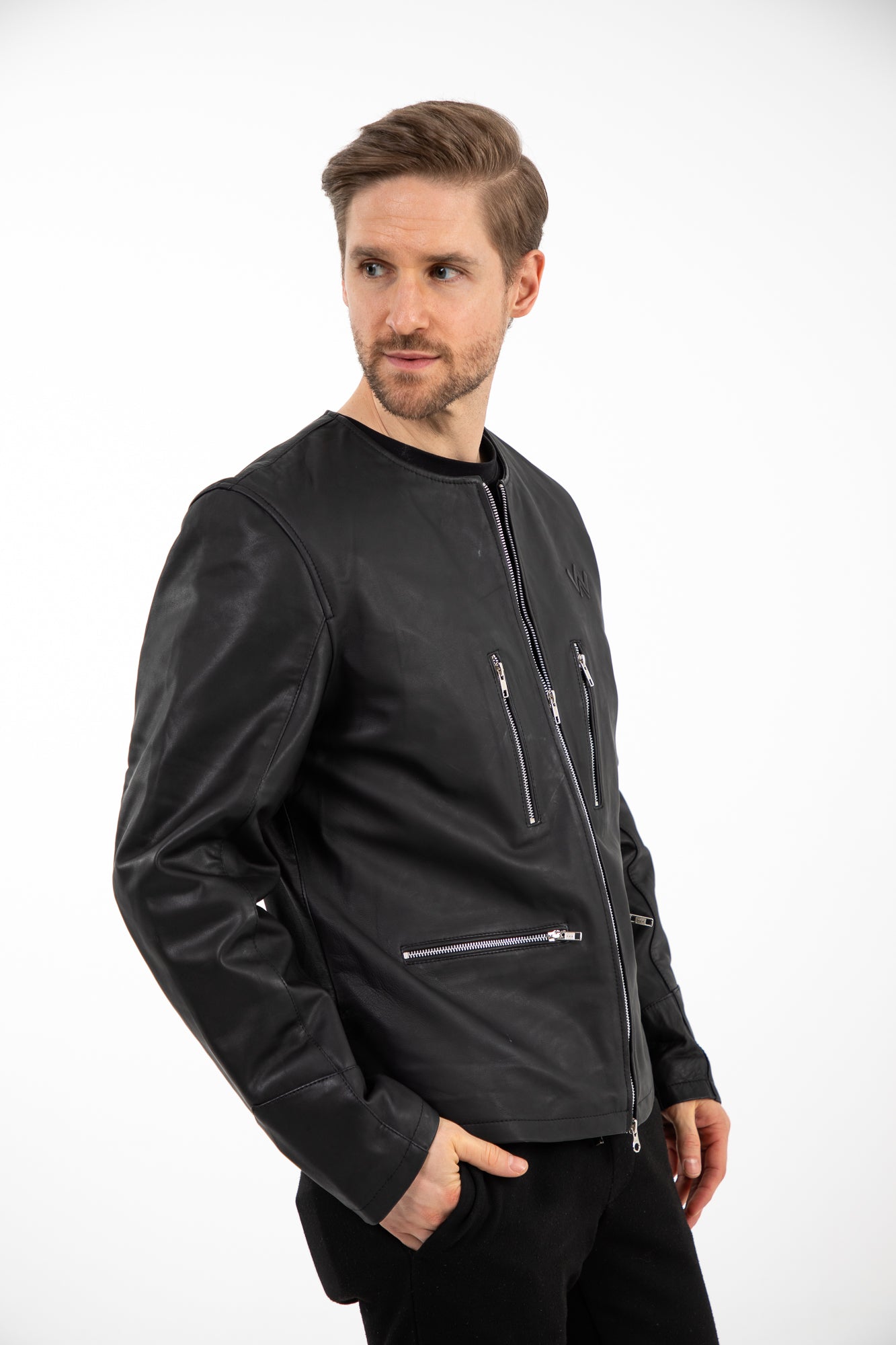 Men’s Collarless Black Leather Jacket
