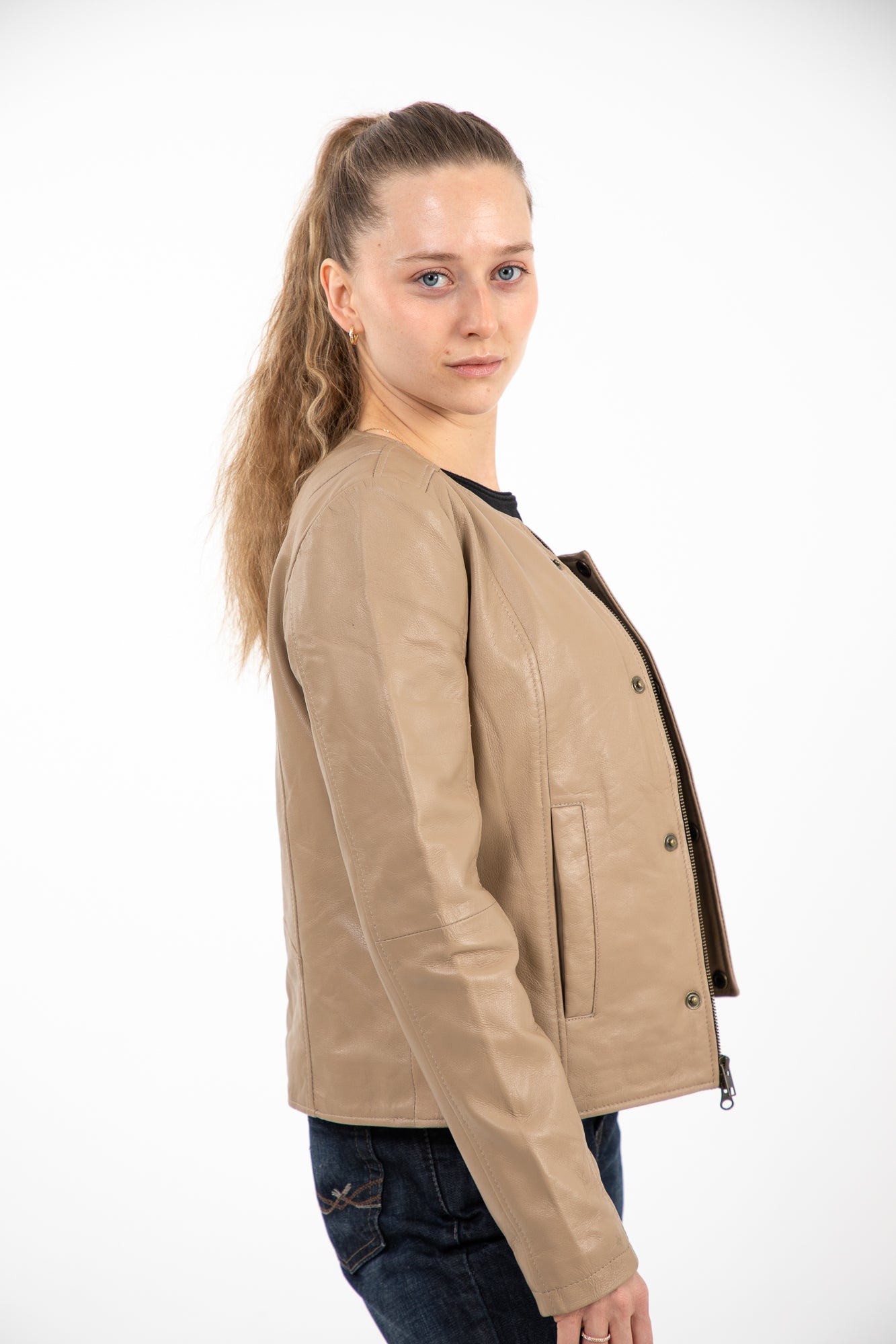Beige Round Neck Leather Jacket