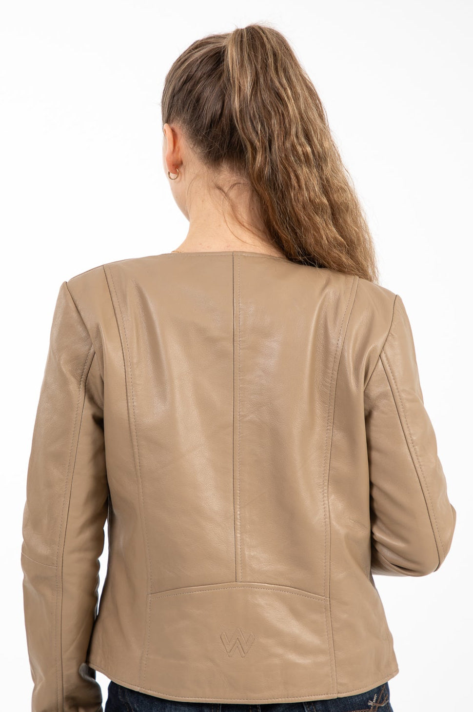 Beige Round Neck Leather Jacket