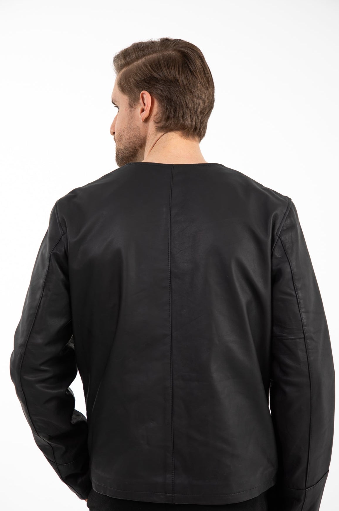 Men’s Collarless Black Leather Jacket
