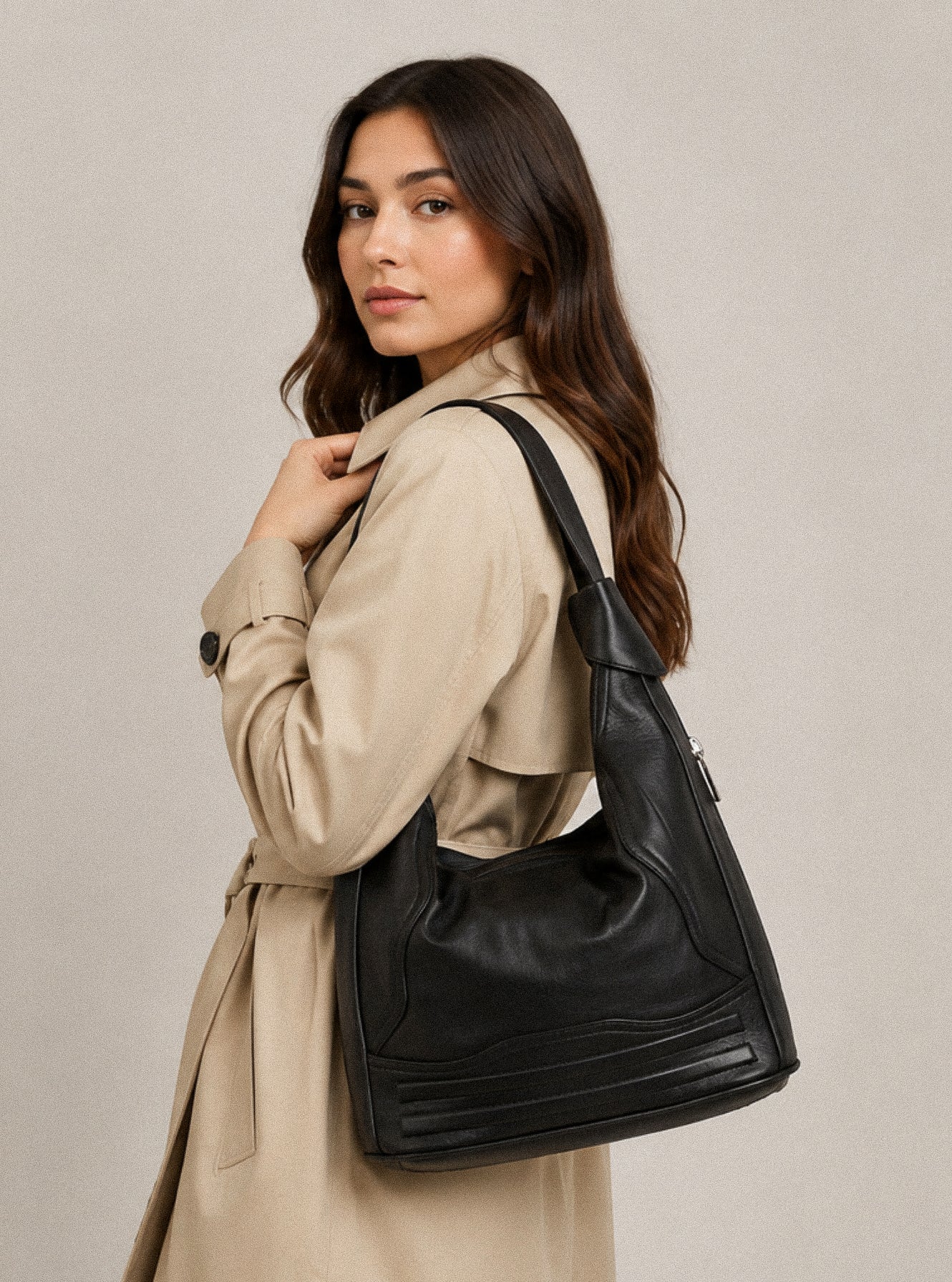 Black Leather Hobo Shoulder Bag